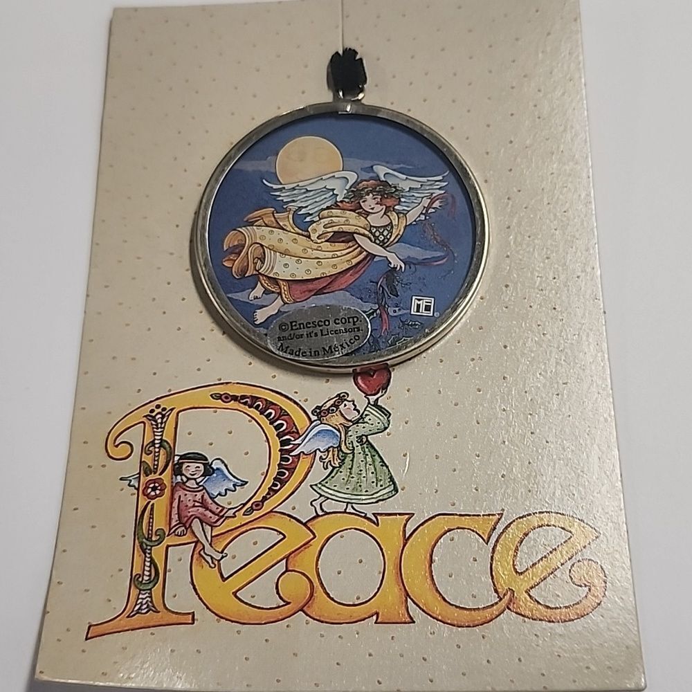 Mary Engelbreit Peace Round Glass-Covered Ornament on Card